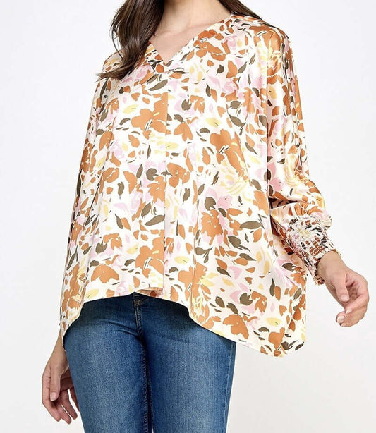 V Neck Dolman Long Sleeve - Flower Print