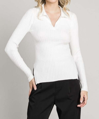 V-Neck Collared Fine Gauge Pullover