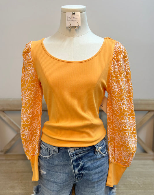 Flower Puff Sleeve Knit Top