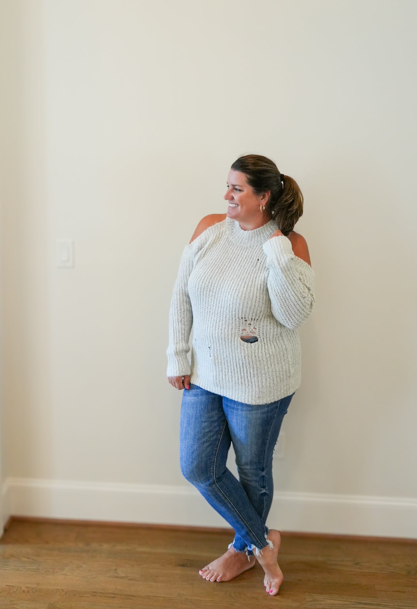 Distressed Cold Shoulder Sweater