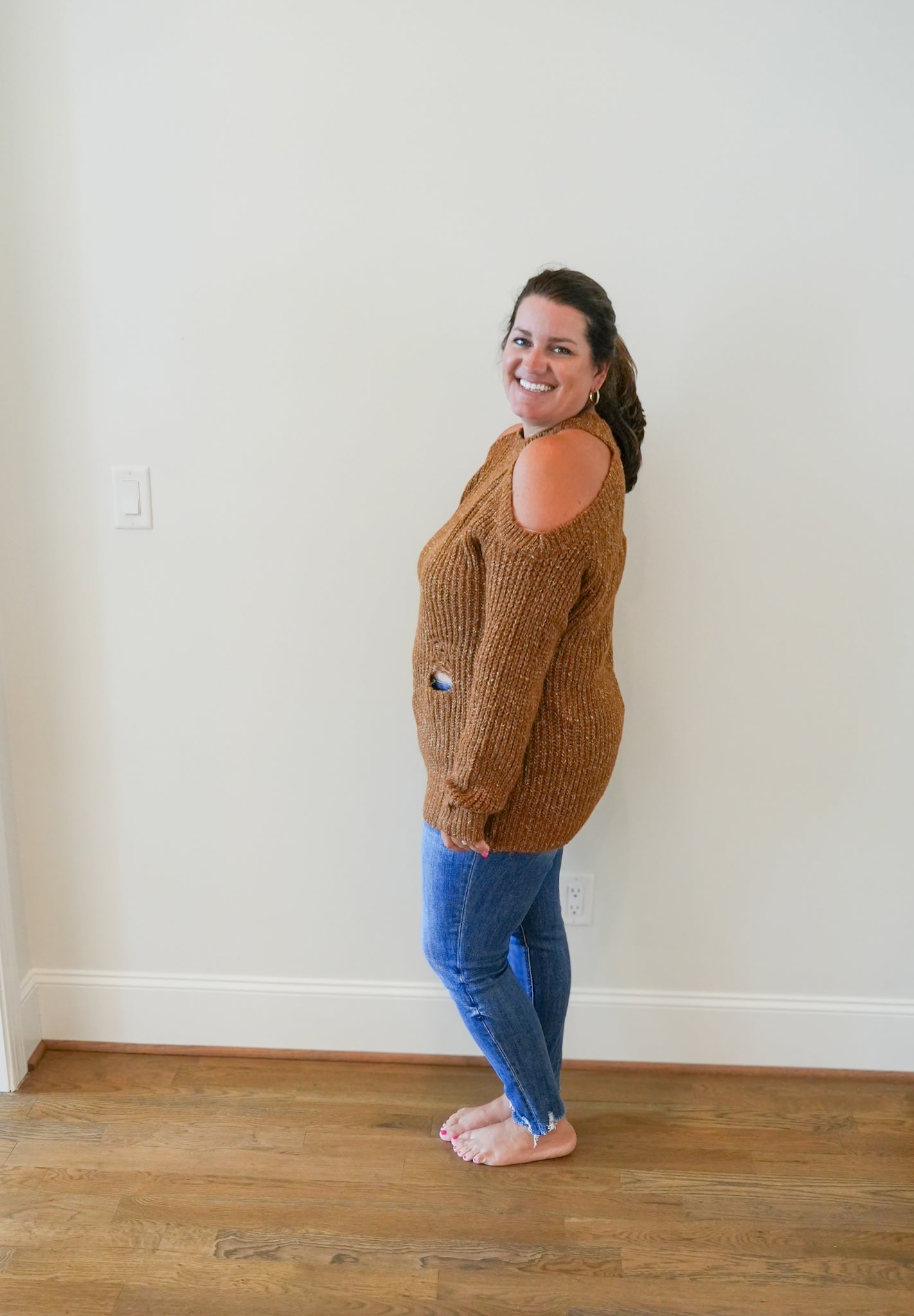 Distressed Cold Shoulder Sweater