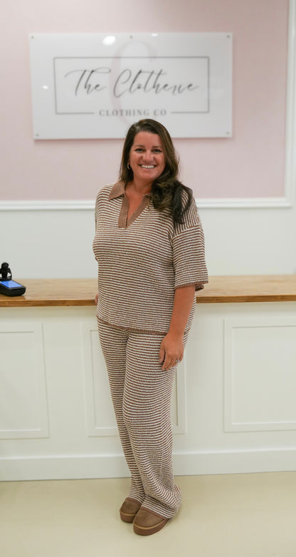 Mocha & Cream Striped Short Sleeve Sweater