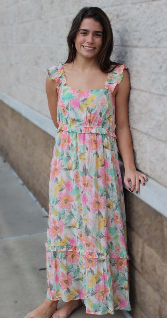 Floral Ruffle Shoulder Strap Dress